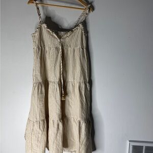 j crew beachwear Tan White Stripe Sleeveless Tiered Midi Linen Cotton Dress